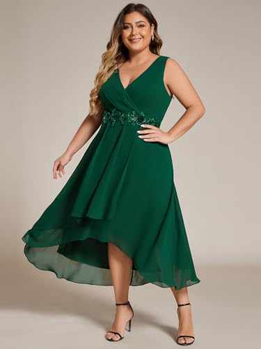 Women's Summer Chiffon Sleeveless V Neck Applique Plus Size High Low Formal Wedding Guest Dresses 41926-DA