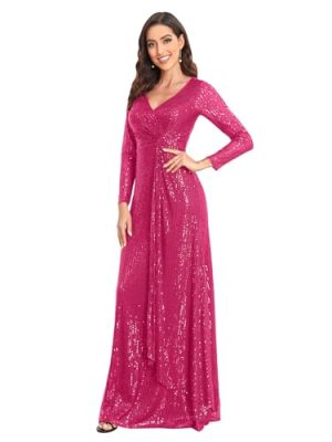 Glitter Sequin Formal Evening Gown Long Sleeve V Neck Wedding Guest Dress for Women