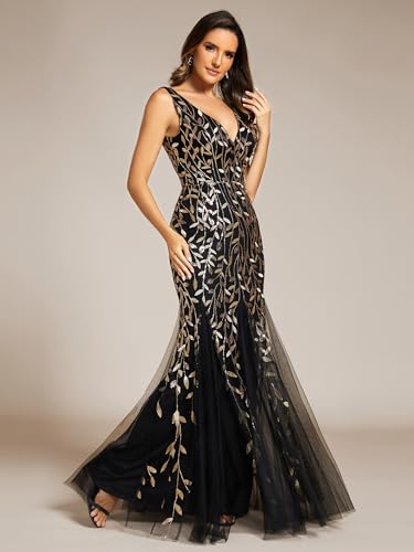 Women's Formal Dress Sequin Tulle Double V-Neck Sleeveless Mermaid Long Evening Dress 07886