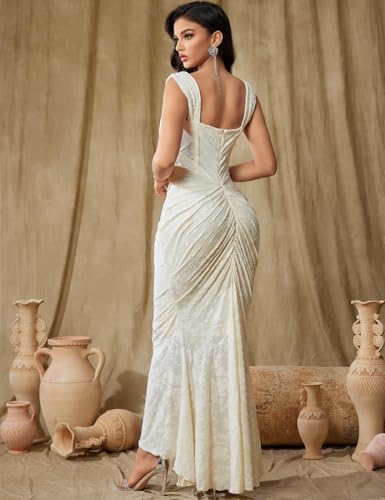 Elegant Lace Bodycon Fishtail Dress Wedding Guest Fishbone Shoulder Strap Ruched Midi Party Dress for Women