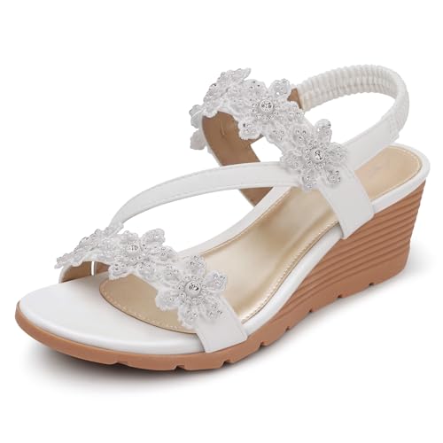 Wedge Sandals for Women Dressy: Summer Open Toe Low Platform Wedges Sandals Elastic Ankle Strap Flower Comfortable Casual Shoes