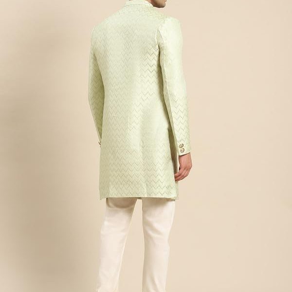Men's Cream Jacquard Indowestern Sherwani Kurta & Pajama Set – Mandarin Collar | Indian Wedding & Festive Wear