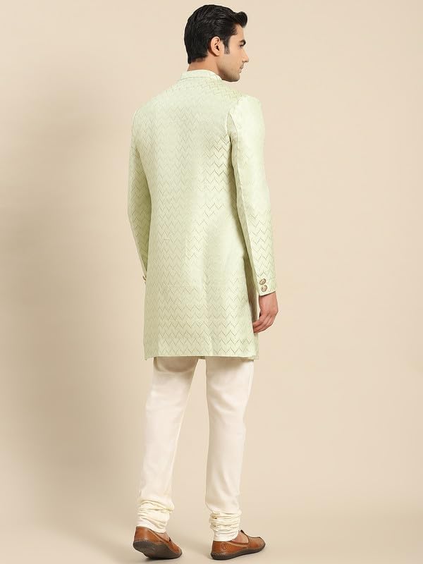 Men's Cream Jacquard Indowestern Sherwani Kurta & Pajama Set – Mandarin Collar | Indian Wedding & Festive Wear