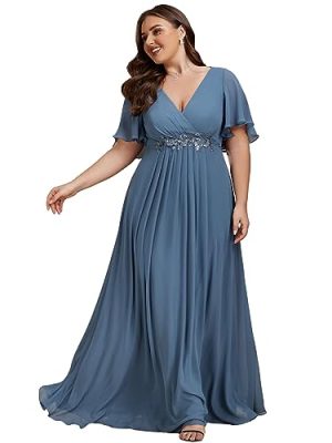 Chiffon V Neck Short Sleeves Appliques Plus Size Formal Dresses for Curvy Women Evening Gowns 01960-DA
