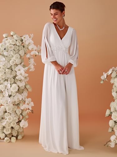 4166syt6ehL.jpg Women's V Neck Long Sleeves Floor Length Ruched Chiffon Formal Dress 00461