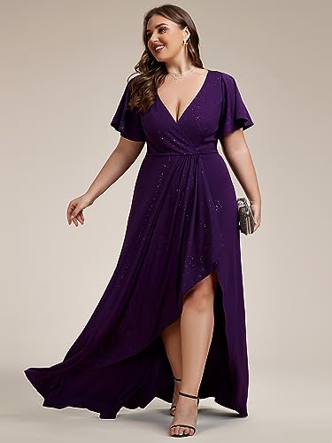 Women's Glitter Stretchy V Neck A-line High Low Plus Size Formal Dresses with Ruffles Sleeves 01738-PH