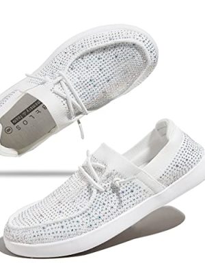 Women's Rhinestone Lace Up Loafers Shoes Comfortable Slip On Mesh Knit Walking Shoes Fashion Lightweight Sparkly Glitter Sneaker