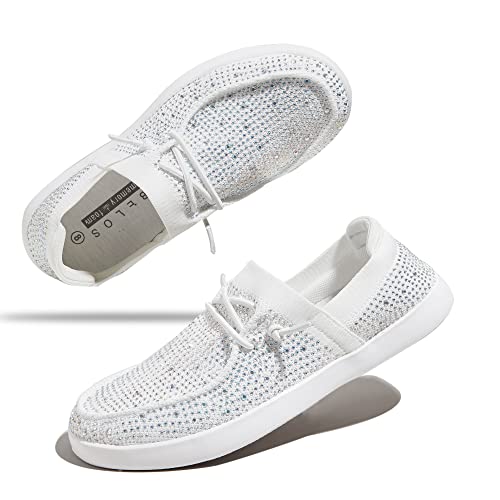 Women's Rhinestone Lace Up Loafers Shoes Comfortable Slip On Mesh Knit Walking Shoes Fashion Lightweight Sparkly Glitter Sneaker