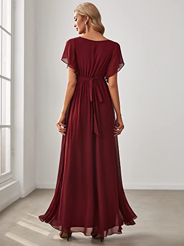 Women's Bridesmaid Dress V-Neck Ruffle Sleeves Ruched Bust Floor Length Chiffon Formal Dresses 0164A