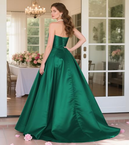 417wC2TqnL.jpg Womens Long Strapless Satin Prom Dress Sleeveless Slit Evening Ball Gown with Pockets