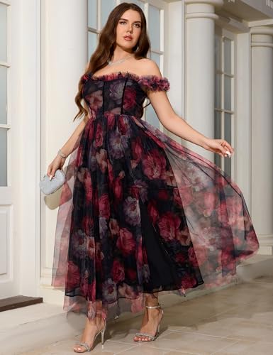Womens Wedding Guest 2025 Elegant Classy Off The Shoulder Dress Floral Sleeveless Tulle Split Cocktail Party Maxi Dresses