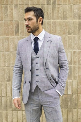 Mens 3 Piece Summer Suit Grey Check Blue Black Tailored Fit Classic Wedding Formal