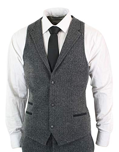 Mens Grey Black 3 Piece Tweed Suit Herringbone Wool Vintage Retro