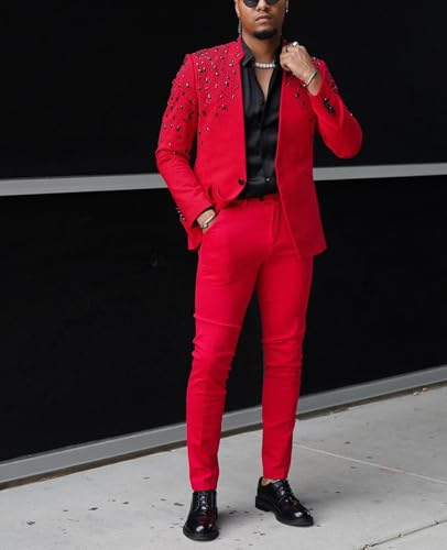 Men's Tuxedo Suits with Rhinestone Tailored Slim Blazer Prom Jacket Pants Set for Wedding,Party,Dinner,Christmas