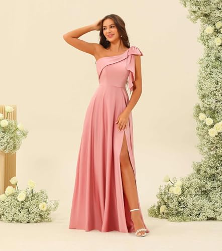 One Shoulder Bridesmaid Dress with Bow Long Prom Dress Satin Formal Gown with Slit BI151