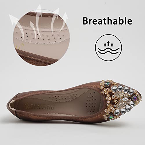 Women's Ballet Flat Shoes - Cute Rhinestones Bow Wedding Flats Slip on Flats for Women Comfort