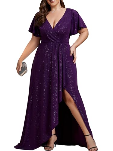 Women's Glitter Stretchy V Neck A-line High Low Plus Size Formal Dresses with Ruffles Sleeves 01738-PH