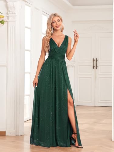 Long Glitter Tulle Evening Gowns with Slit A Line Sleeveless Formal Dress for Women LNR002
