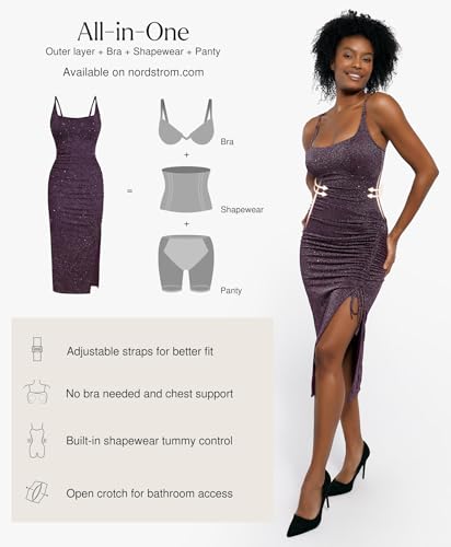 Sparkly Cocktail Dresses for Women Tummy Control Formal Shapewear Dress Square Neck Ruched Midi Dress Side Slit