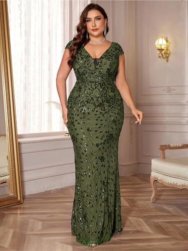 Plus Size Womens Sequined Long Evening Gown Glamous Sleeveless V-Neck Mermaid Prom Dress for Wedding Party