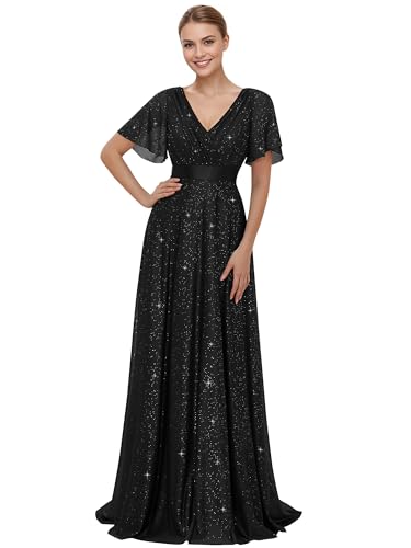 Womens Evening Dresses V Neck Short Sleeves A-line Glitter Formal Dresses 50159