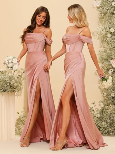 Off Shoulder Satin Bridesmaid Dress Long Mermaid Corset Prom Dress for Women Formal Gown with Slit