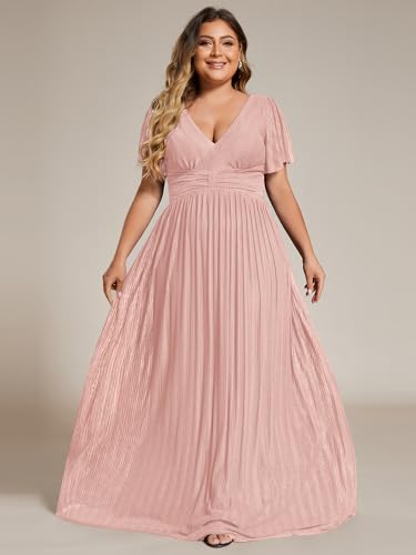 Women's A Line V Neck Glitter Short Sleeves Pleated Plus Size Formal Evening Dresses 11961-DA
