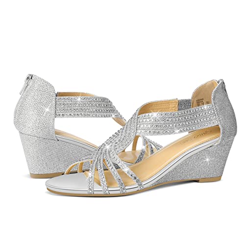 Women's Diana Low Wedge Sandals Sparkly Rhinestone Open Toe Fashion Dress Shoes for Woman Lady in Bridal Dance Evening