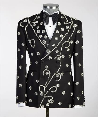 Men's Luxury Tuxedo Jacket with Handmade Rhinestones Slim Fit Peaked Lapel Blazer for Wedding,Party,Prom