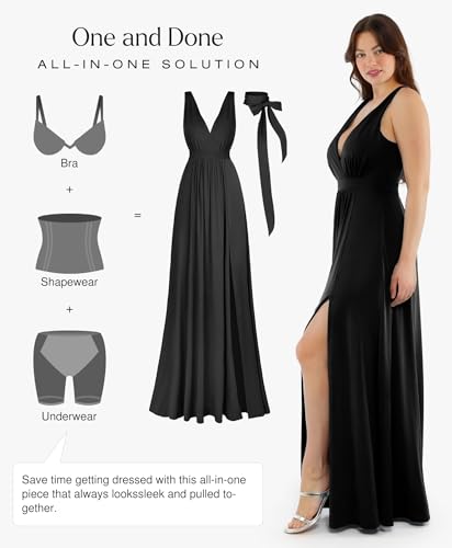 Women Formal Wedding Guest Dress - Shapewear Bridesmaid Dresses Built-in Bra Floor Length Prom Dress with Tie