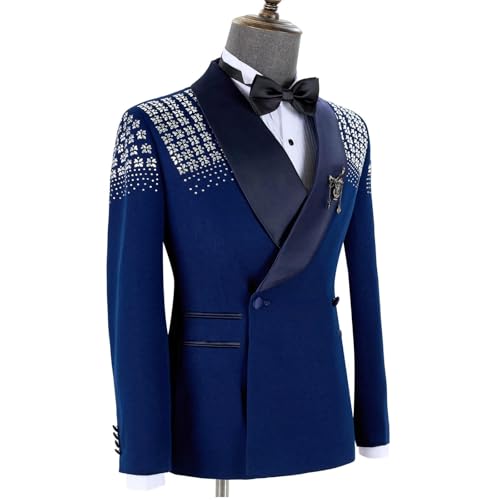 2 Pieces Men Tuxedo Suit with Rhinestones Shawl Lapel Blazer Slim Jacket Pants Set for Wedding，Prom,Party,Dinner