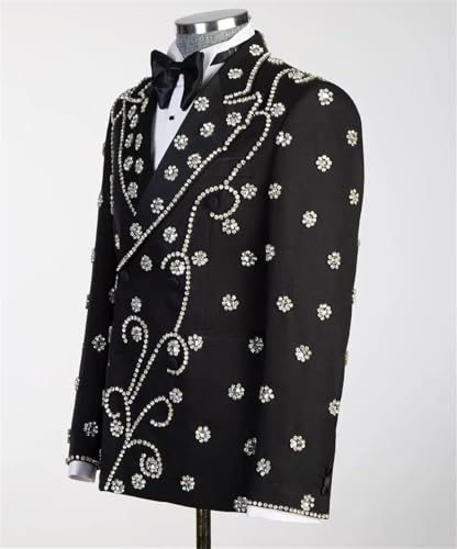 Men's Luxury Tuxedo Jacket with Handmade Rhinestones Slim Fit Peaked Lapel Blazer for Wedding,Party,Prom