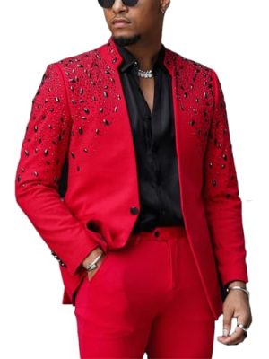 Men's Tuxedo Suits with Rhinestone Tailored Slim Blazer Prom Jacket Pants Set for Wedding,Party,Dinner,Christmas