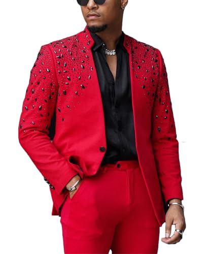 Men's Tuxedo Suits with Rhinestone Tailored Slim Blazer Prom Jacket Pants Set for Wedding,Party,Dinner,Christmas
