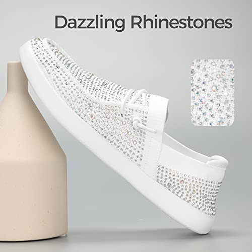 Women's Rhinestone Lace Up Loafers Shoes Comfortable Slip On Mesh Knit Walking Shoes Fashion Lightweight Sparkly Glitter Sneaker