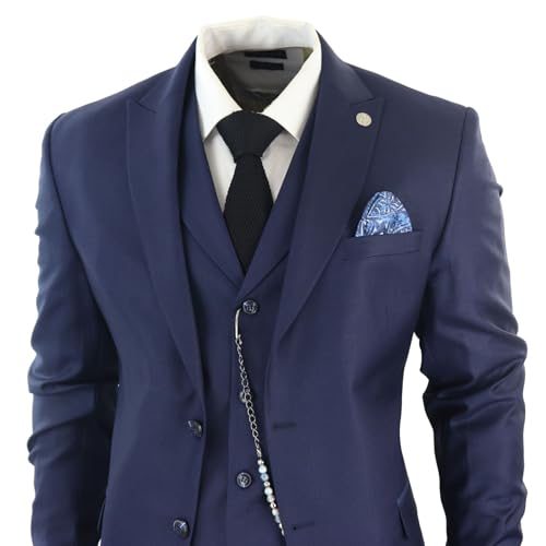 Mens Classic 3 Piece Suit Navy Blue Pocket Chain Wedding Tailored Fit Vintage Formal