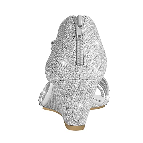 Women's Diana Low Wedge Sandals Sparkly Rhinestone Open Toe Fashion Dress Shoes for Woman Lady in Bridal Dance Evening