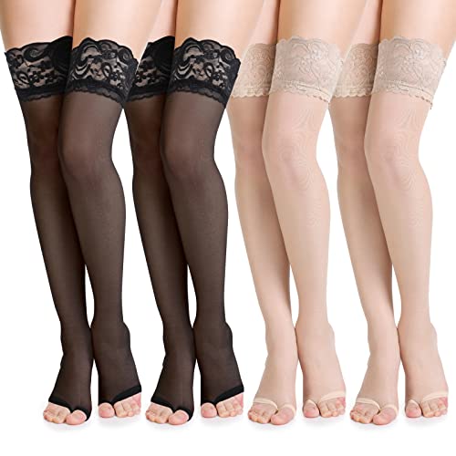4 Pairs Open Toe Stockings for Women Holdups Sheer Toeless Lace Top Thigh High Stockings for Women Open Toe Shoes