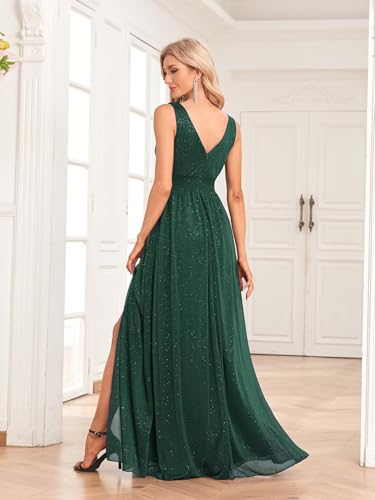 Long Glitter Tulle Evening Gowns with Slit A Line Sleeveless Formal Dress for Women LNR002