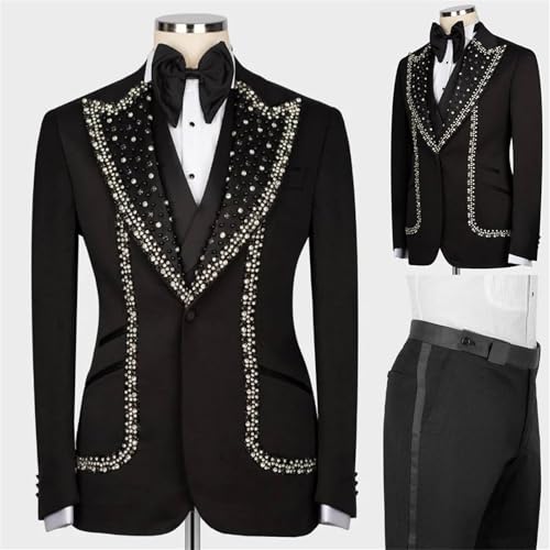 Luxury Mens 2 Pieces Suit Slim Fit Dinner Tuxedo Blazers Pants with Rhinestone for Prom,Party,Wedding