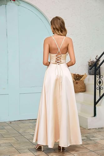 Women Satin Black Prom Formal Dress Elegant Slit Wedding Guest Evening Gown Party Dress Gala with Pocket