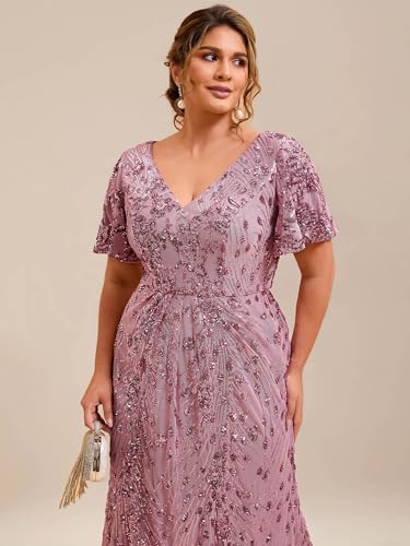 Women's V Neck Short Sleeves Bodycon Sequin Maxi Plus Size Formal Dresses