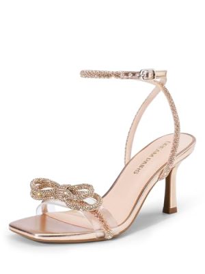 Women's Double Bowknots Heels Open Square Toe Ankle Strap Crystal Rhinestone Dress Sandals for Party Wedding