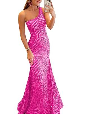 Hot Pink Prom Dresses for Teens Sequin Mermaid One Shoulder Wedding Party Evening Gown Long Sparkly 10