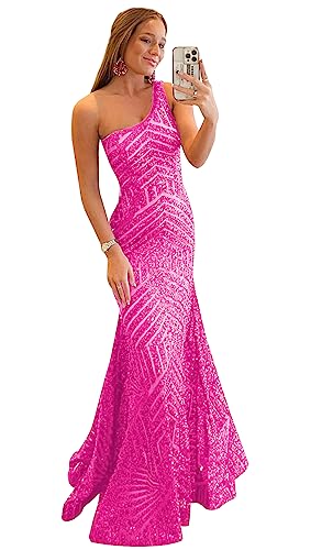 Hot Pink Prom Dresses for Teens Sequin Mermaid One Shoulder Wedding Party Evening Gown Long Sparkly 10