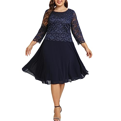 Women's Plus Size Tea Length Sequin Lace Dress Mother Gifts Special Occasion Wedding Party Dresses