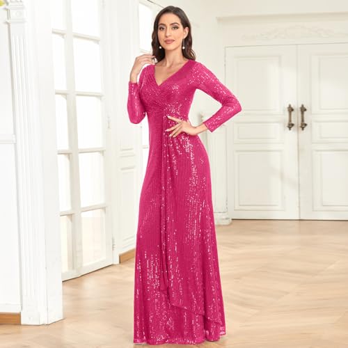 Glitter Sequin Formal Evening Gown Long Sleeve V Neck Wedding Guest Dress for Women