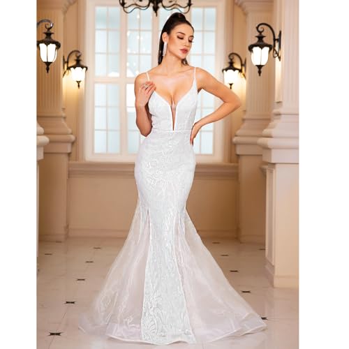 V Neck Sequins Tulle Mermaid Long Prom Dress