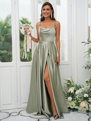 Cowl Neck Satin Bridesmaid Dresses Long with Slit Spaghetti Straps Formal Prom Evening Gowns with Pockets 2025