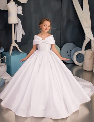 Girls Pageant Dresses Satin Flower Girl Dress - Off Shoulder First Communion Dress Princess for Girls